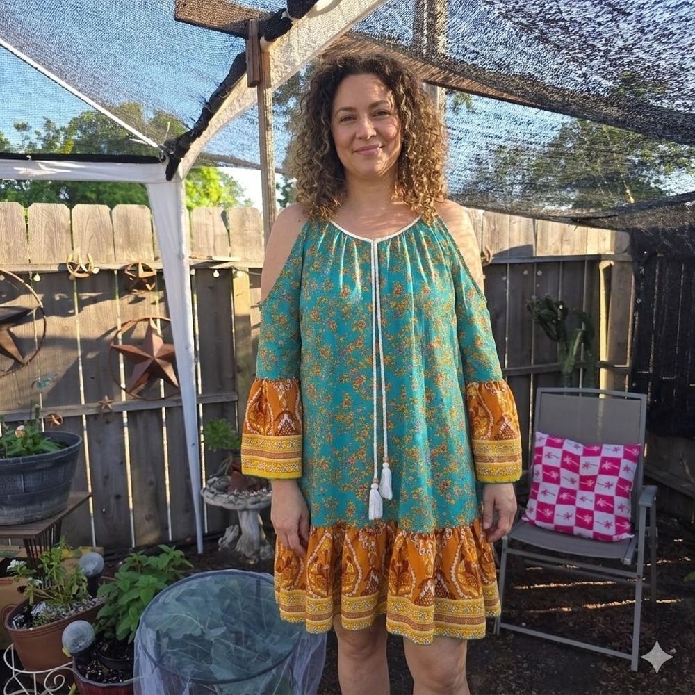 Boho Cold-Shoulder Floral Dress in Teal and Mustard XL